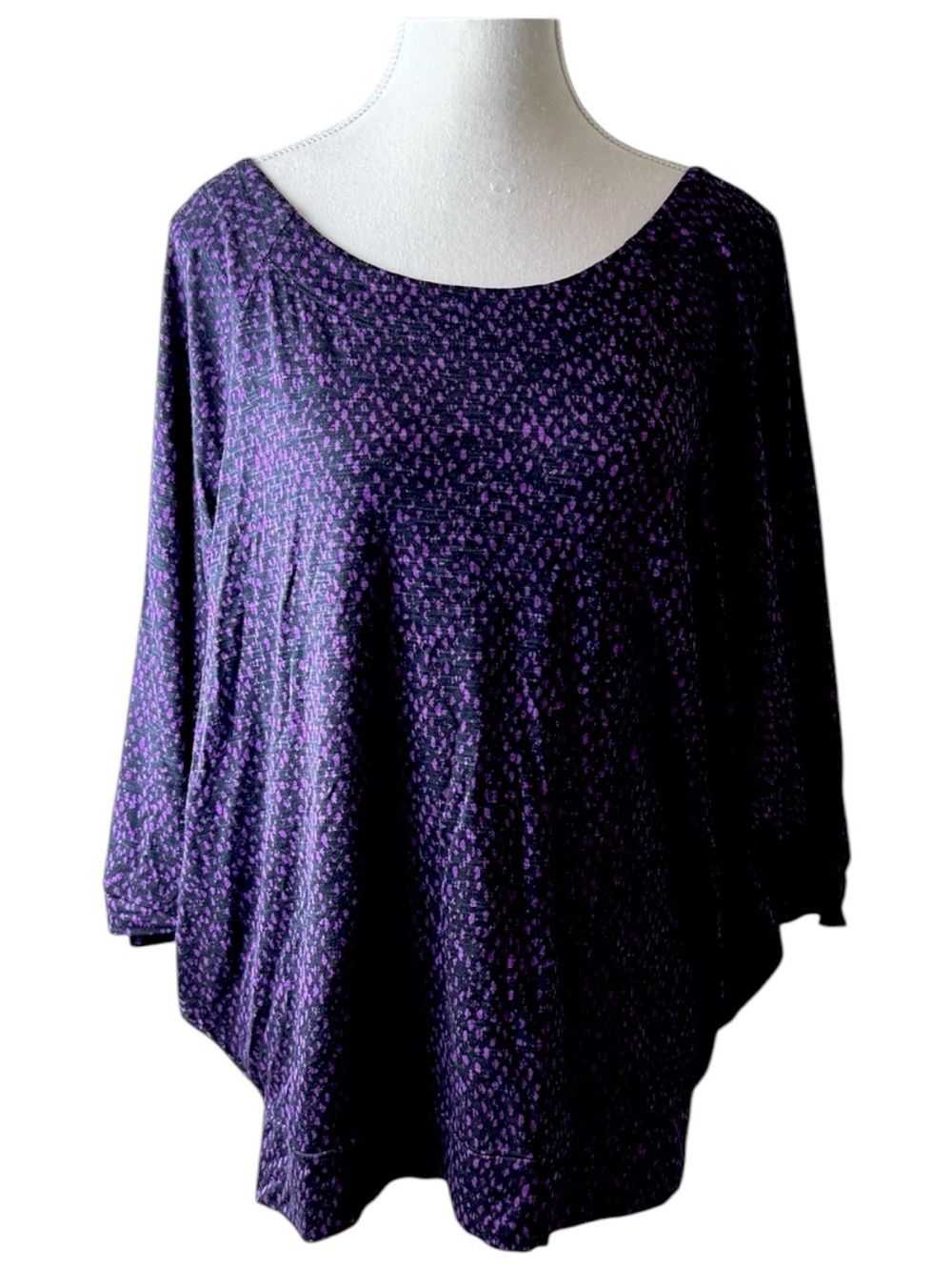 Ann Taylor LOFT Purple Polka Dot Dolman Blouse Women L Scoop Neck Stretch Career